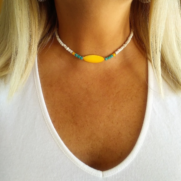 Artisan Crafted Jewelry - Beaded Boho Choker with Mother of Pearl Bead